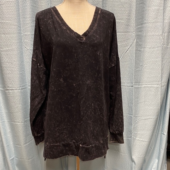 Zenana Outfitters size XL Charcoal Black purple V-Neck Sweatshirt tie dye cozy - Picture 1 of 9